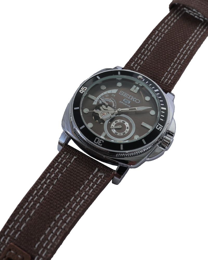 Vintage Expedition Open-Heart Automatic Watch – Coffee Brown Dial & Canvas Strap