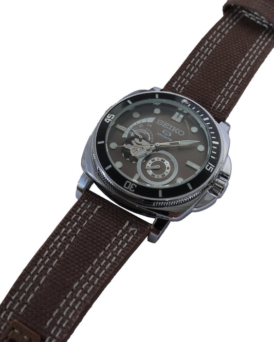Vintage Expedition Open-Heart Automatic Watch – Coffee Brown Dial & Canvas Strap
