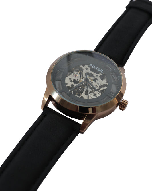 Royal Eclipse Skeleton Automatic Watch – Rose Gold Case & Black Leather Strap