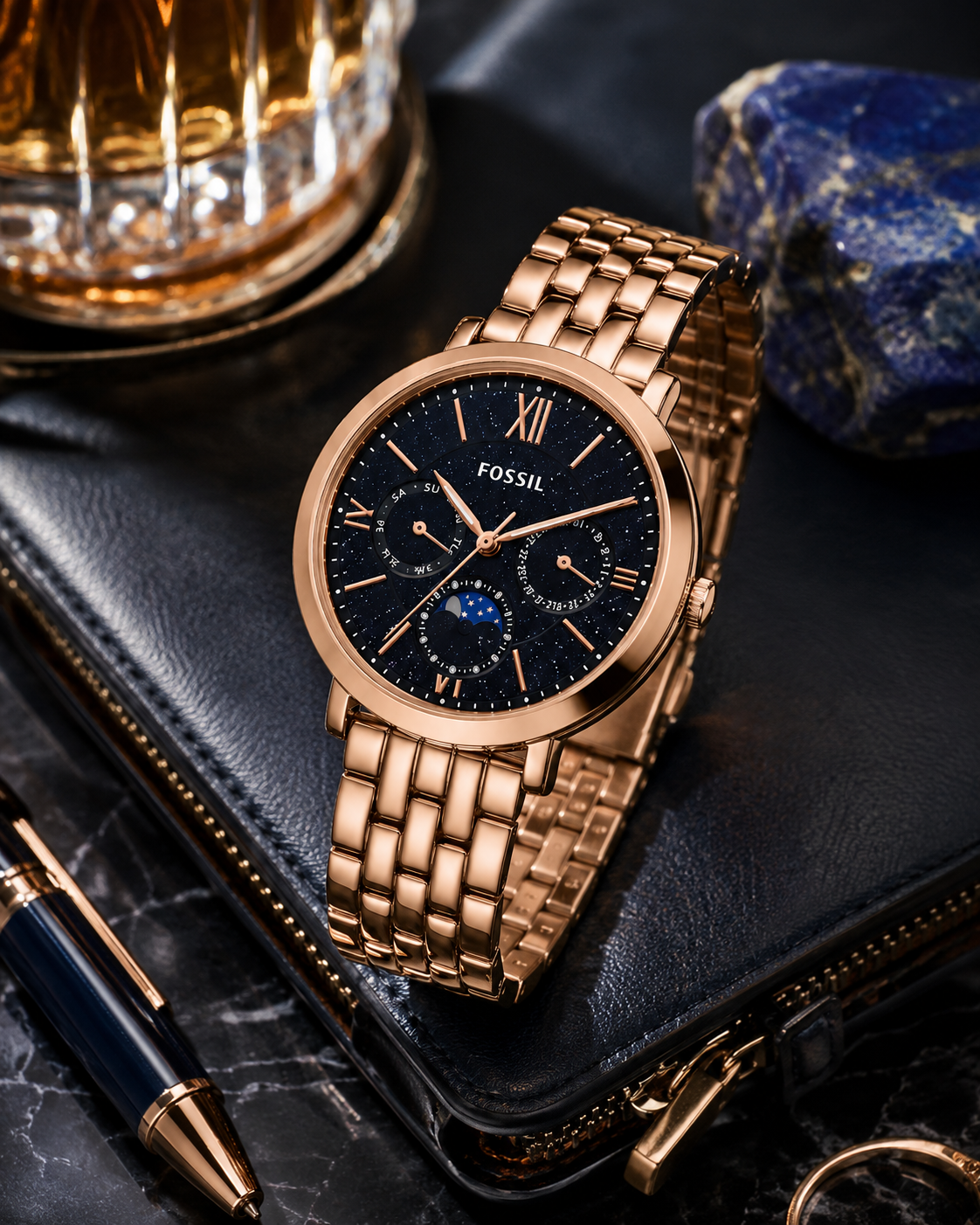 Rose Gold Midnight Blue Moonphase Watch – Elegant Multi-Function Bracelet Timepiece