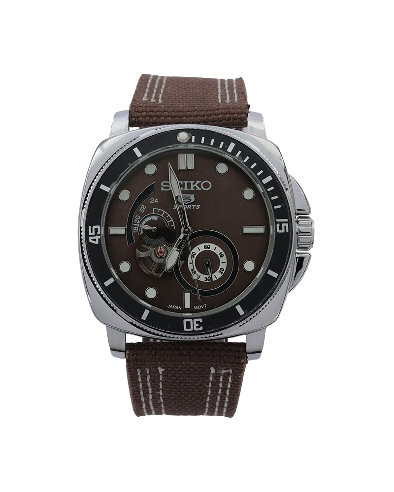 Vintage Expedition Open-Heart Automatic Watch – Coffee Brown Dial & Canvas Strap