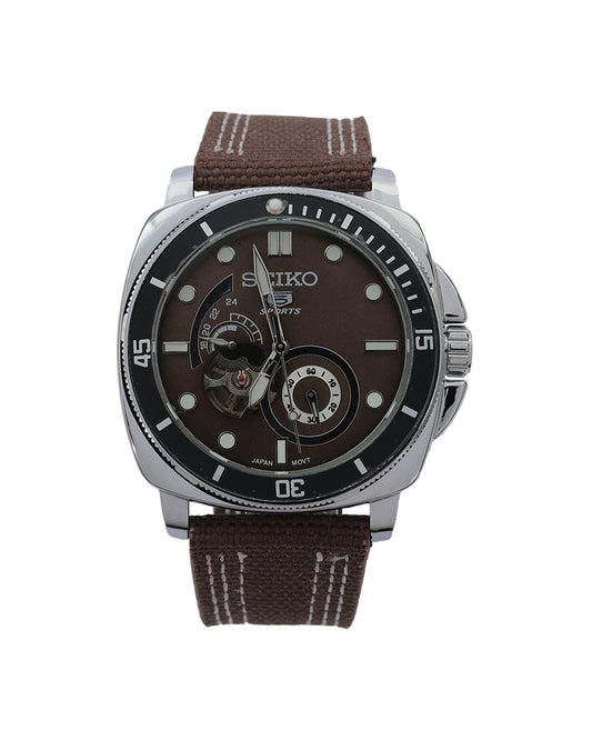 Vintage Expedition Open-Heart Automatic Watch – Coffee Brown Dial & Canvas Strap
