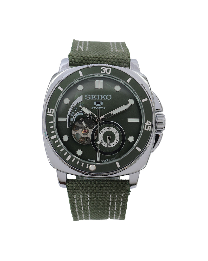 Forest Ranger Open-Heart Automatic Watch – Olive Green Dial & Canvas Strap