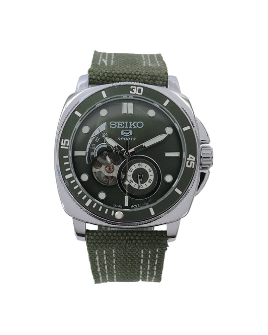Forest Ranger Open-Heart Automatic Watch – Olive Green Dial & Canvas Strap