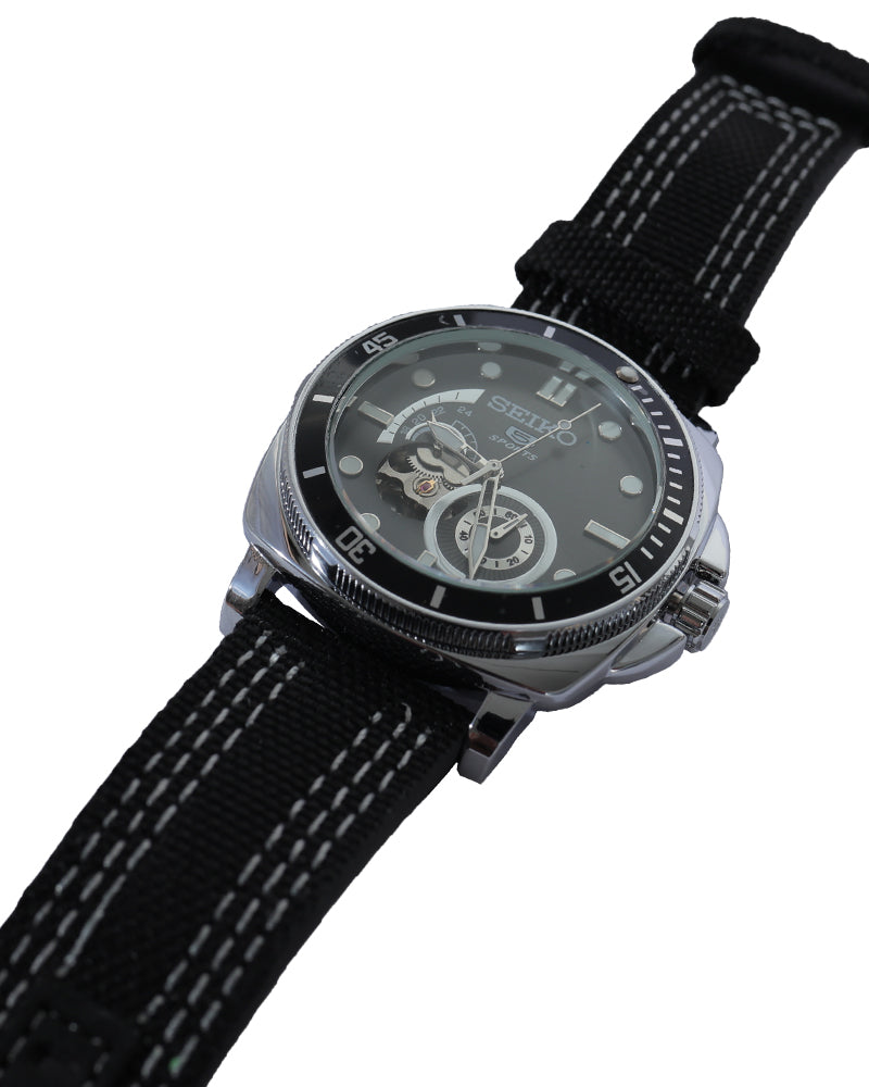 Midnight Diver Open-Heart Automatic Watch – Black Dial & Premium Canvas Strap