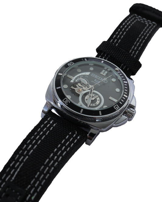 Midnight Diver Open-Heart Automatic Watch – Black Dial & Premium Canvas Strap