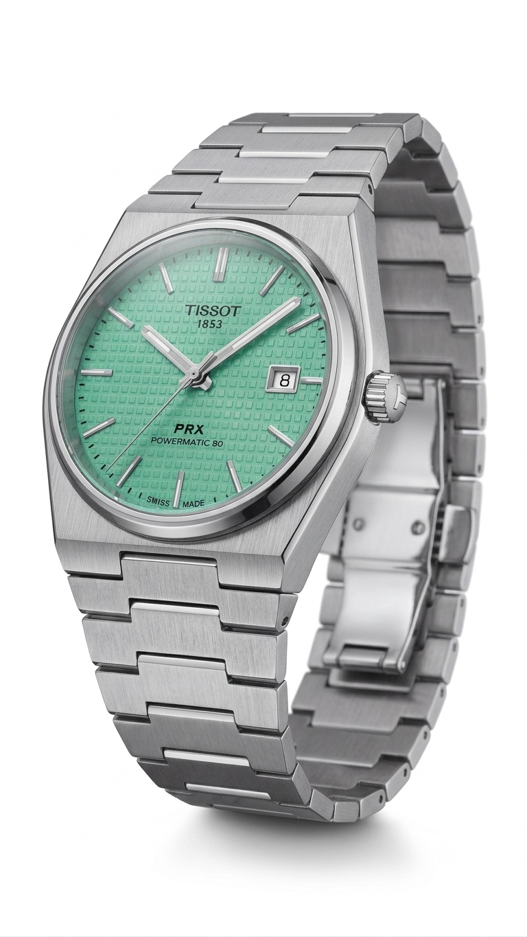 Silver Stainless Steel Automatic Watch with green Textured Dial