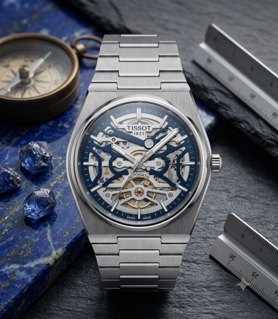 Silver Stainless Steel Skeleton Automatic Watch with Blue Open-Heart Dial
