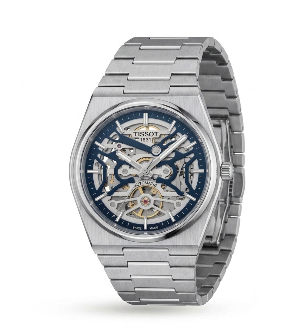 Silver Stainless Steel Skeleton Automatic Watch with Blue Open-Heart Dial