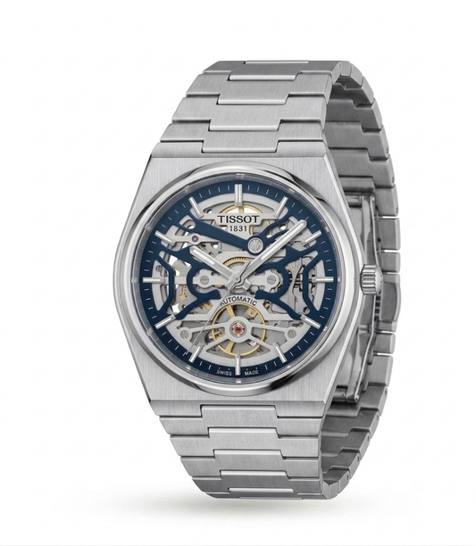 Silver Stainless Steel Skeleton Automatic Watch with Blue Open-Heart Dial