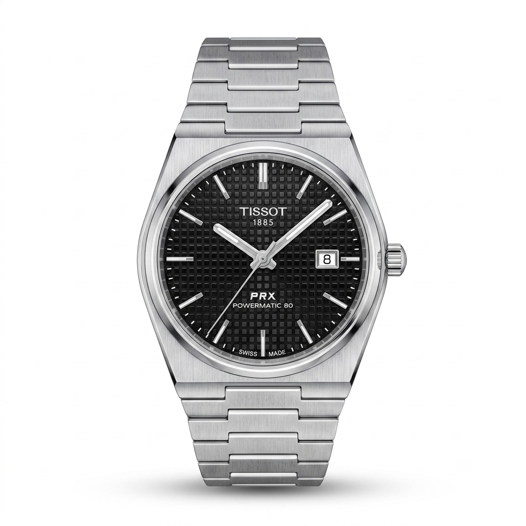 Silver Stainless Steel Automatic Watch with Black Textured Dial