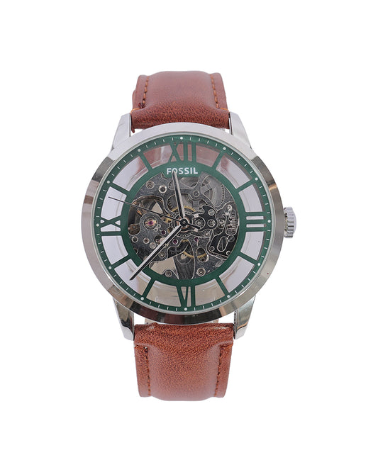Emerald Heritage Skeleton Automatic Watch – Green Open-Heart Dial & Vintage Brown Leather Strap