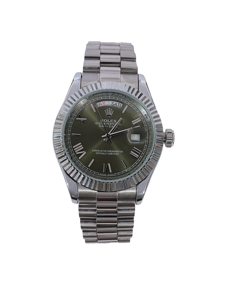 Olive Imperial Day-Date Watch – Olive Green Dial & Fluted Bezel Stainless Steel Edition