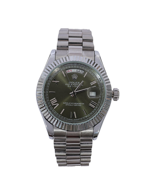 Olive Imperial Day-Date Watch – Olive Green Dial & Fluted Bezel Stainless Steel Edition