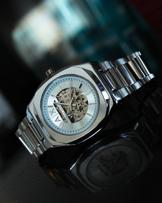 Arctic Royale Skeleton Automatic Watch – Ice White Open-Heart Dial & Stainless Steel Bracelet Edition