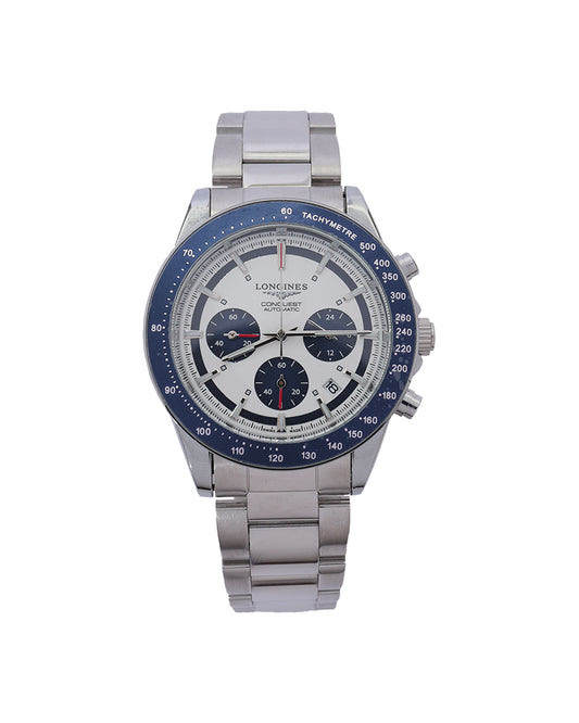 Arctic Summit Chronograph Watch – White Panda Dial & Blue Tachymeter Bezel Steel Edition