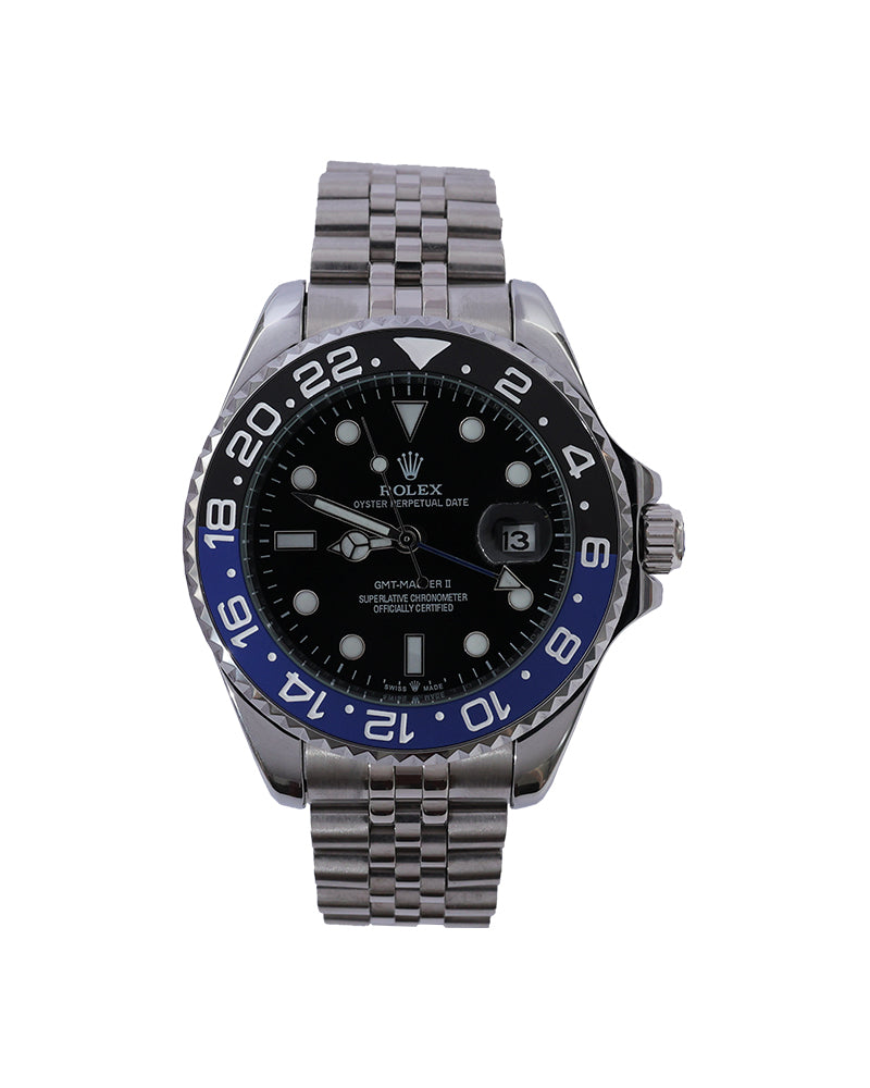 Midnight Voyager GMT Watch – Black Dial & Blue Dual-Time Bezel Stainless Steel Edition