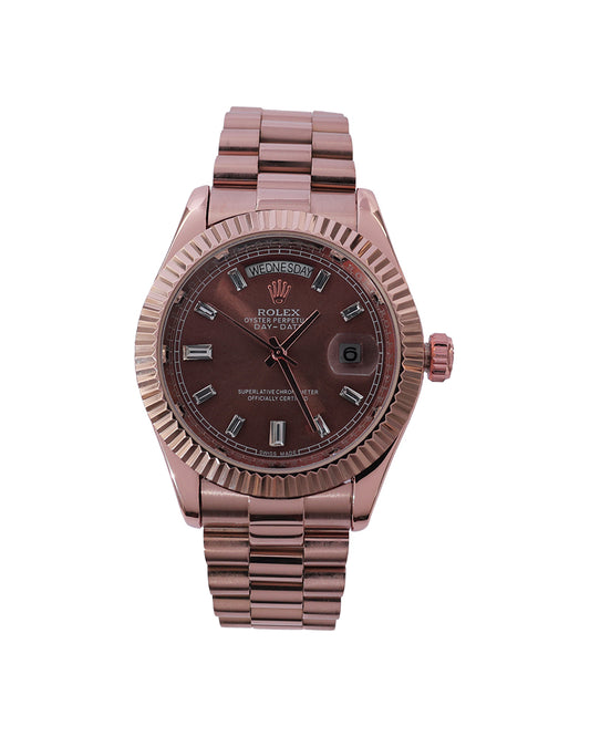 Rosewood Imperial Day-Date Watch – Rose Gold Stainless Steel Bracelet & Chocolate Brown Dial Edition