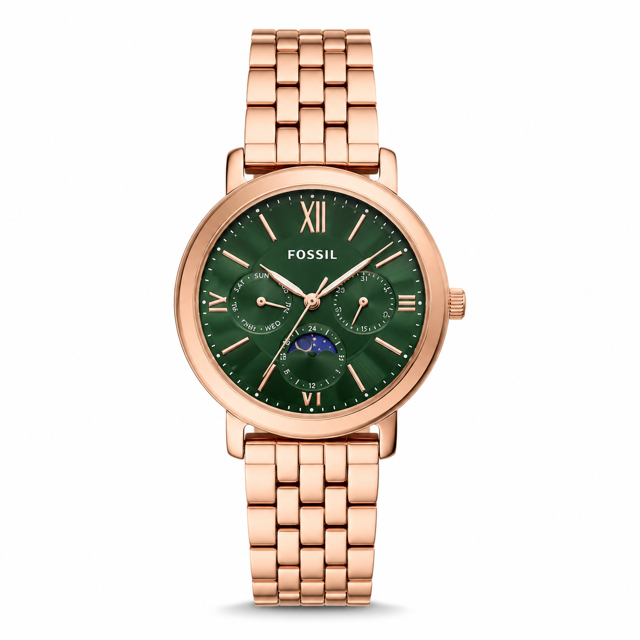 Women's Rose Gold Multifunction Watch with Emerald Green Sunburst Dial