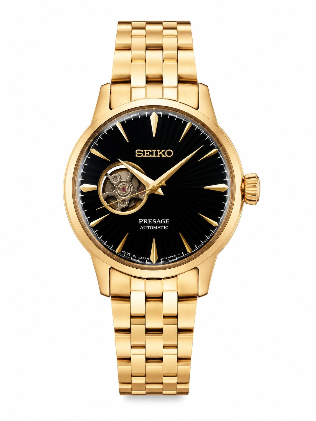 Gold Stainless Steel Automatic Watch with black Open-Heart Dial