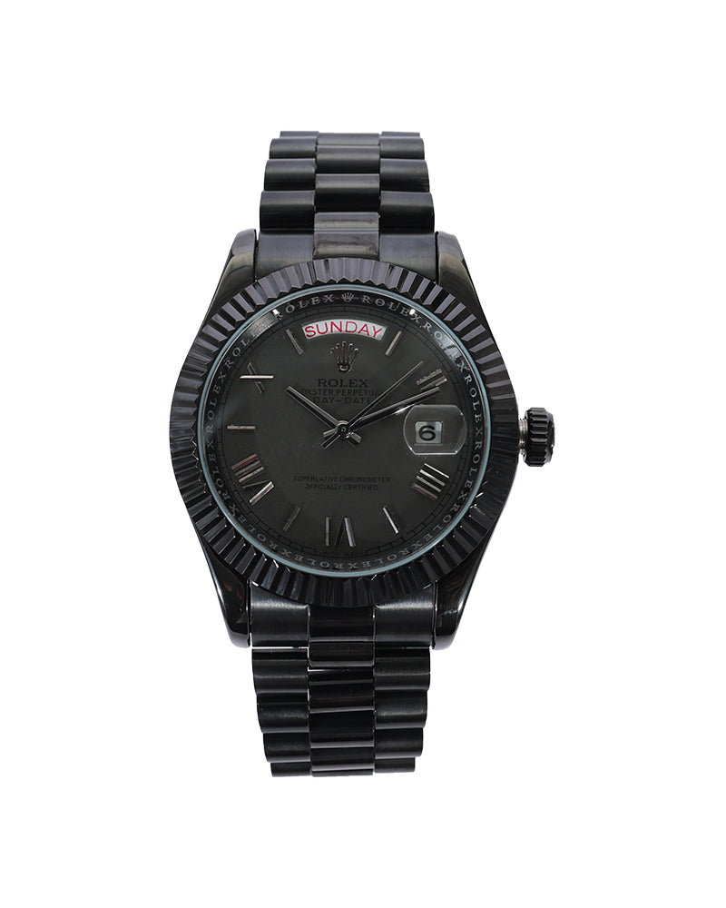 Obsidian Sovereign Day-Date Watch – All Black Stainless Steel Bracelet & Stealth Dial Edition