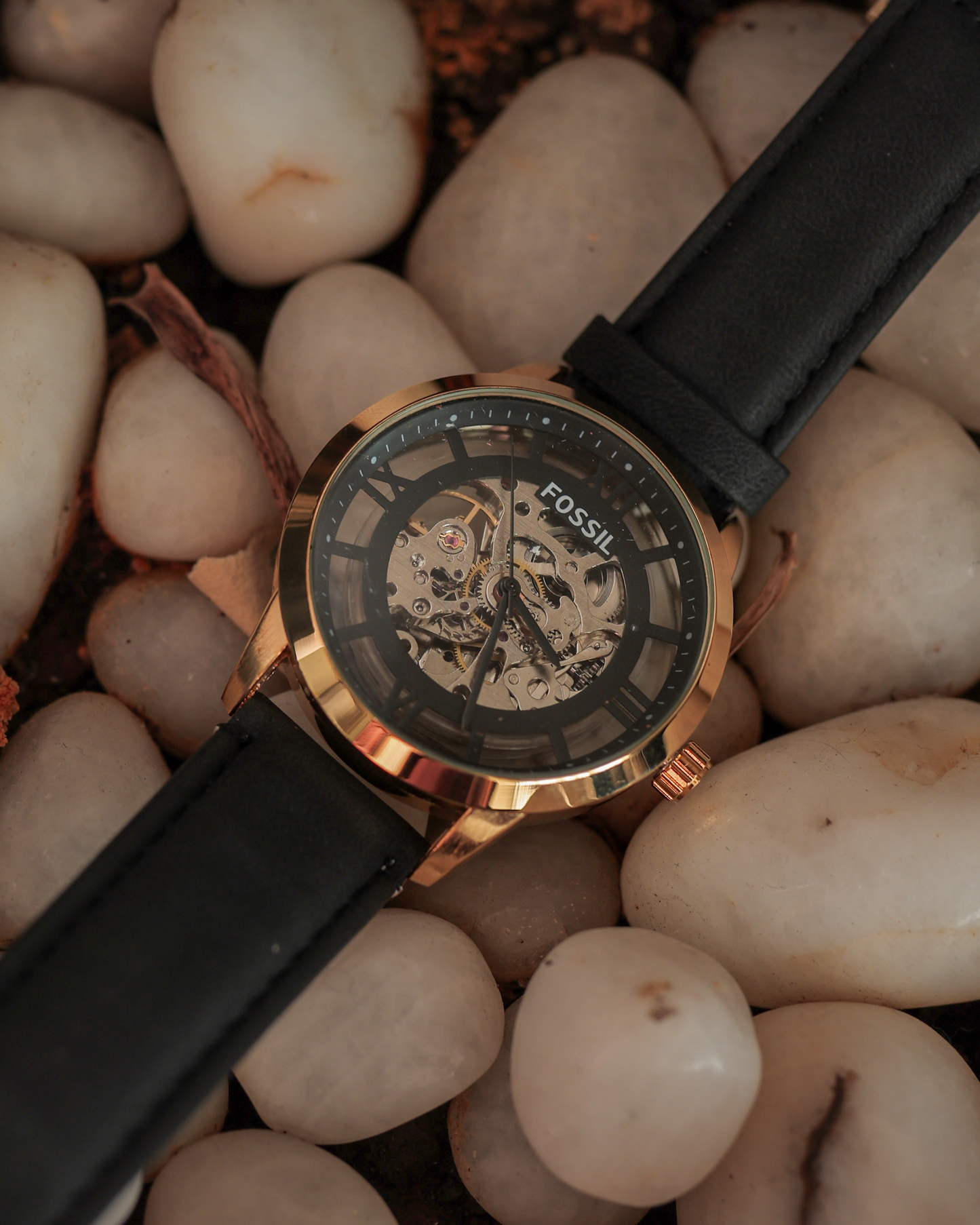 Royal Eclipse Skeleton Automatic Watch – Rose Gold Case & Black Leather Strap