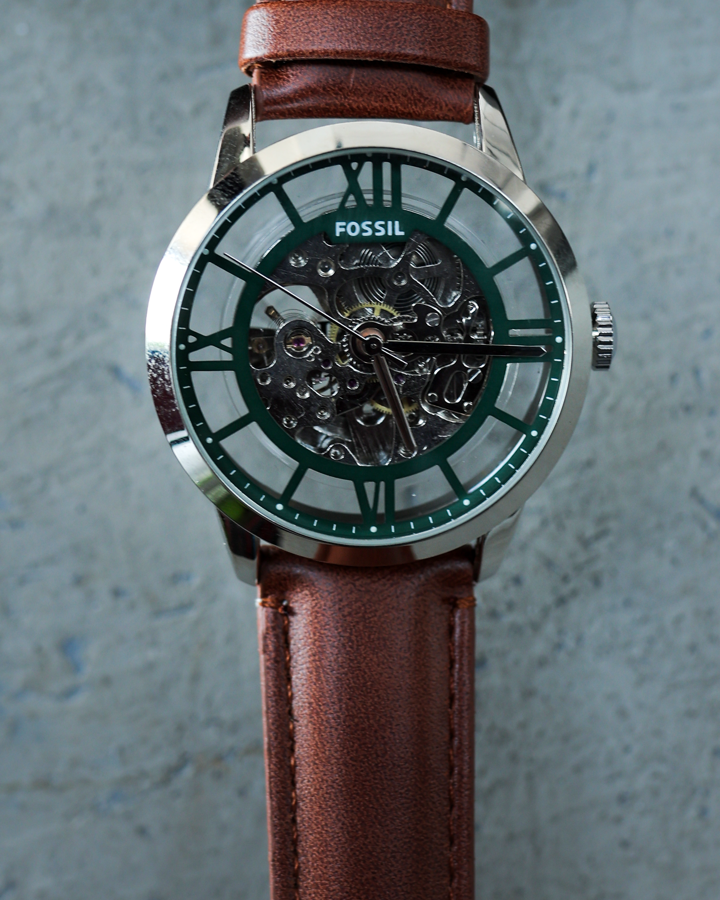 Emerald Heritage Skeleton Automatic Watch – Green Open-Heart Dial & Vintage Brown Leather Strap
