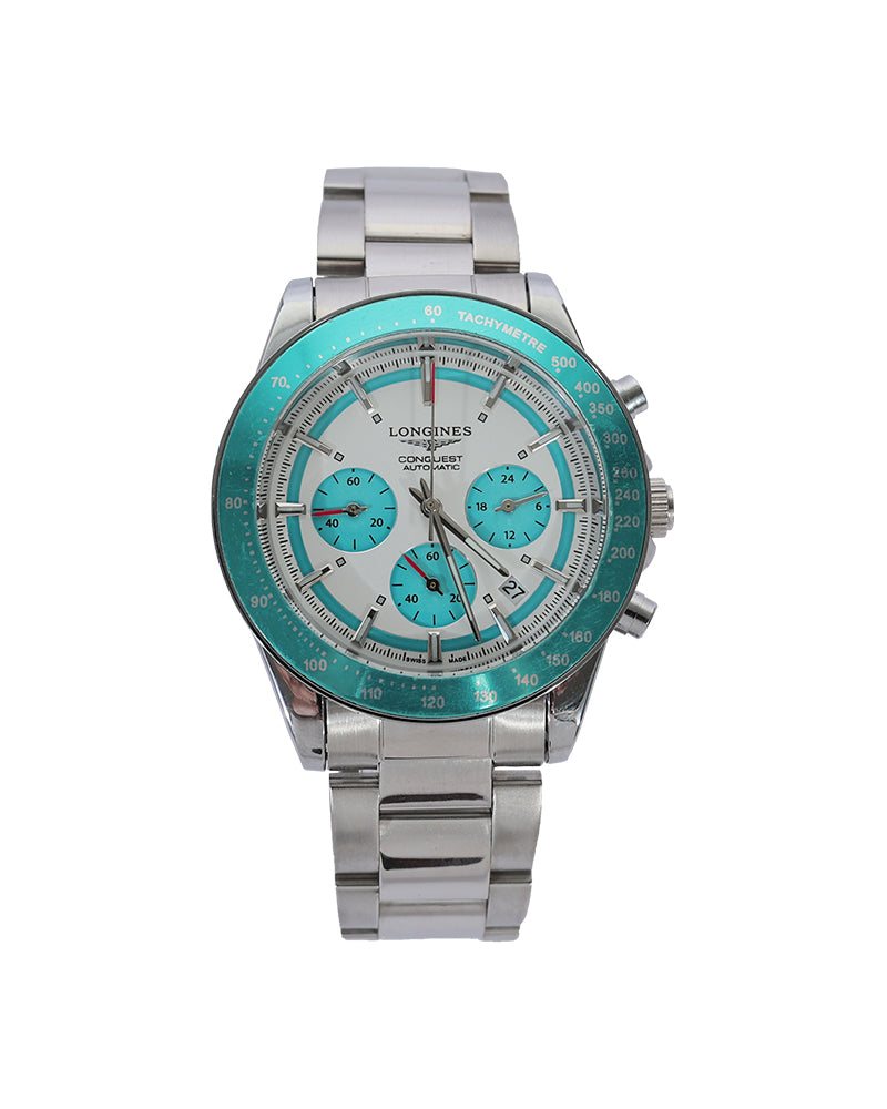Tiffany Horizon Chronograph Watch – Ice Blue Panda Dial & Turquoise Tachymeter Bezel Steel Edition