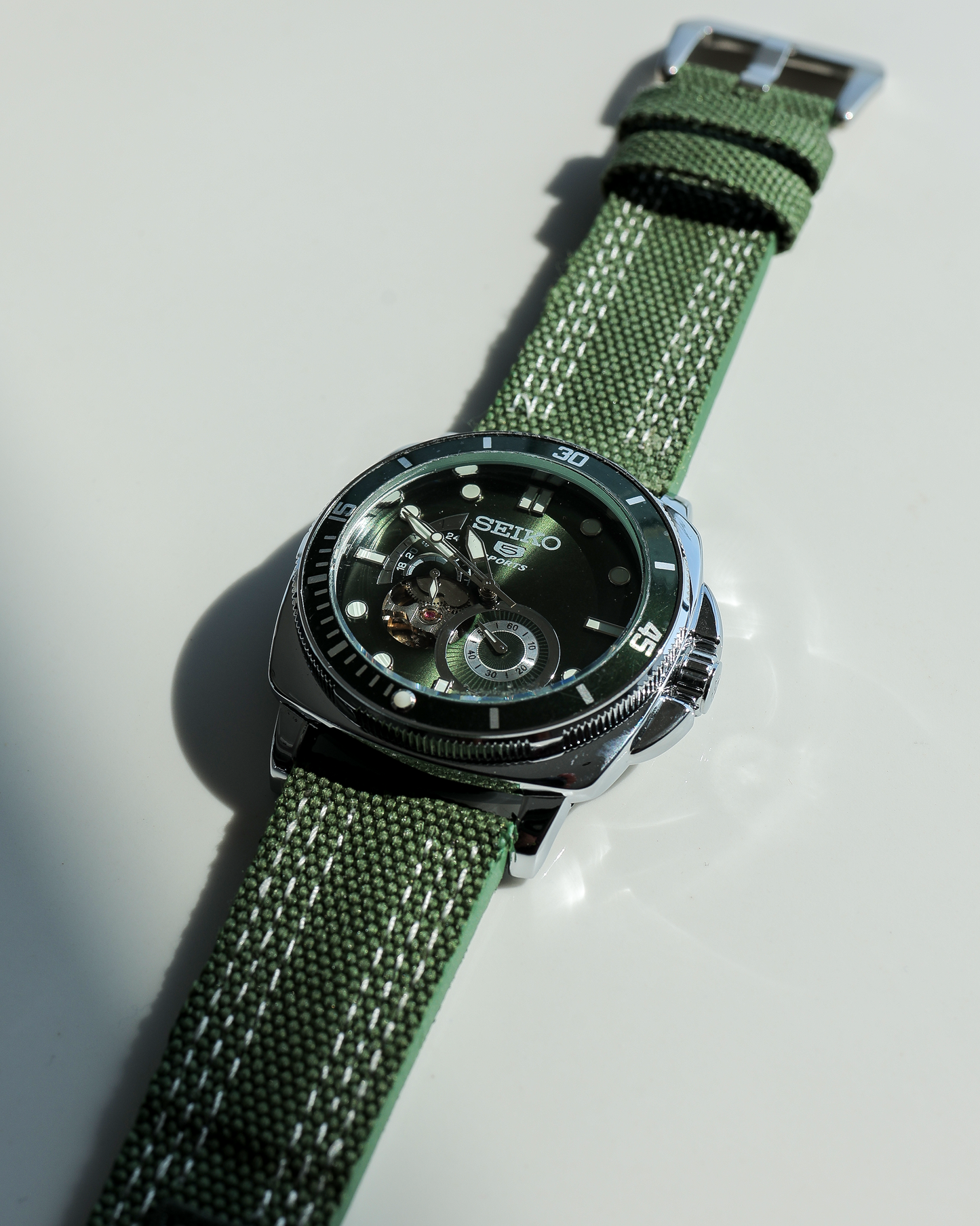 Forest Ranger Open-Heart Automatic Watch – Olive Green Dial & Canvas Strap