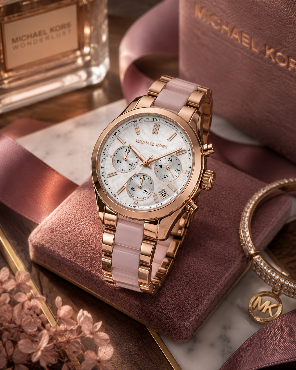 Women's Rose Gold Chronograph Watch with Blush Pink Bracelet