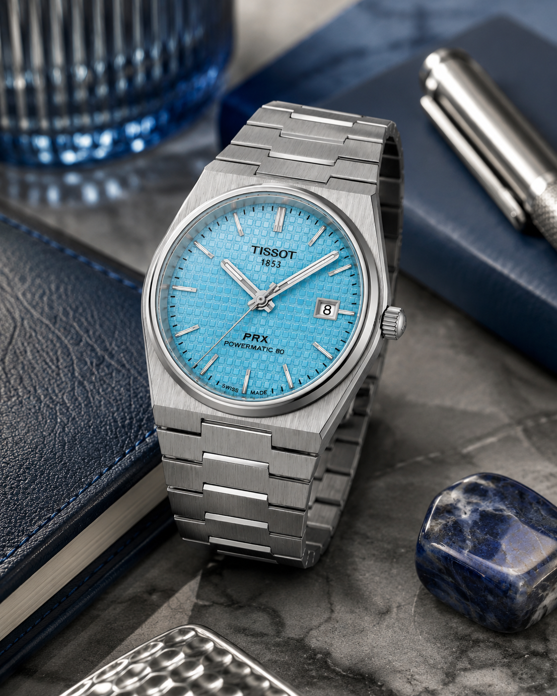 Ice Blue Textured Dial Watch – Stainless Steel Luxury Integrated Bracelet Timepiece