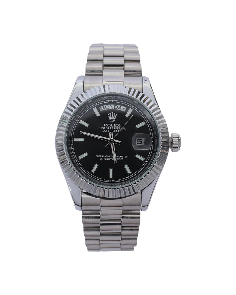 Midnight Prestige Day-Date Watch – Black Sunburst Dial & Stainless Steel Presidential Bracelet