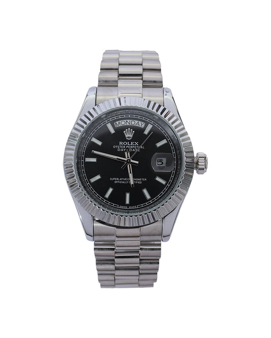 Midnight Prestige Day-Date Watch – Black Sunburst Dial & Stainless Steel Presidential Bracelet