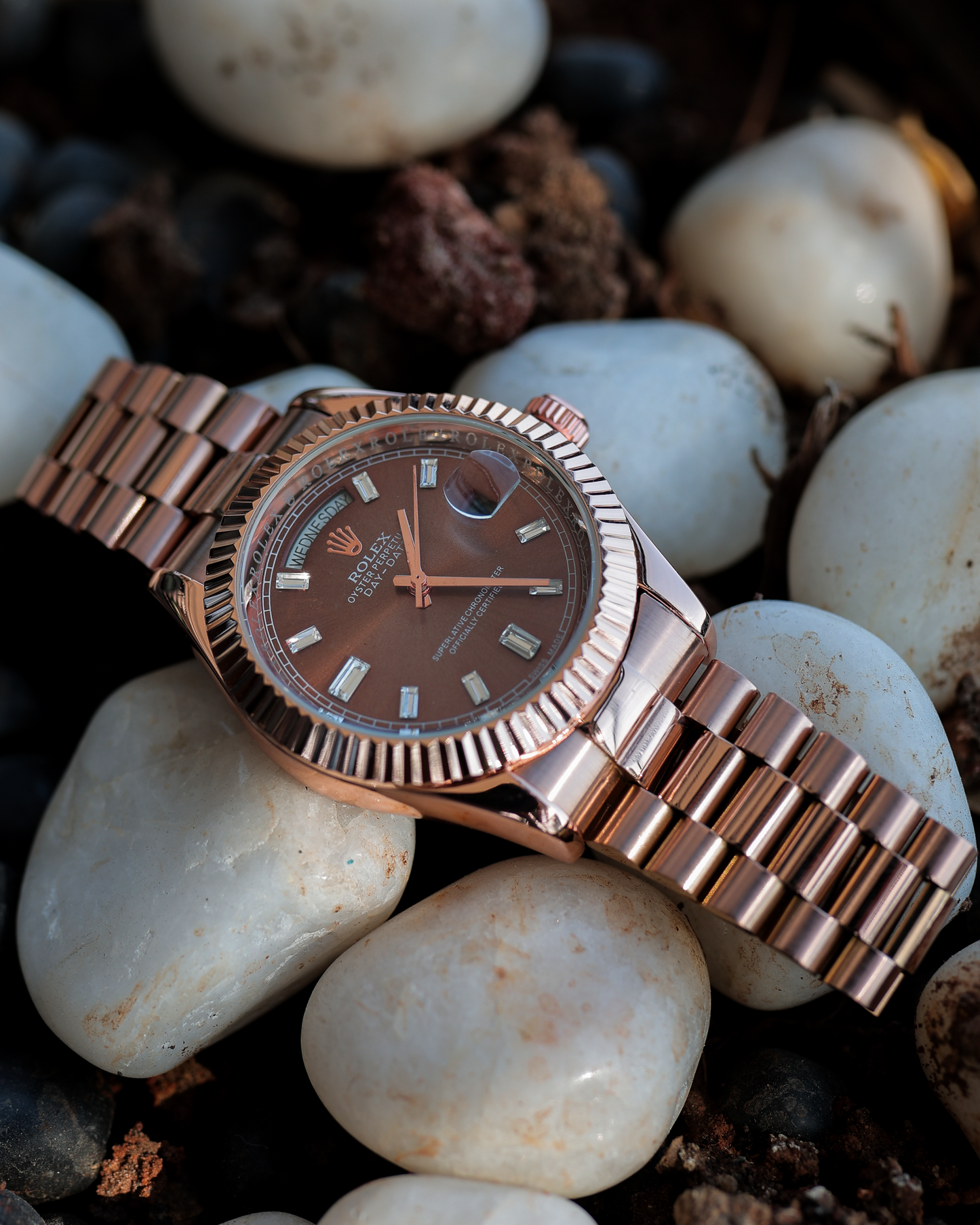 Rosewood Imperial Day-Date Watch – Rose Gold Stainless Steel Bracelet & Chocolate Brown Dial Edition