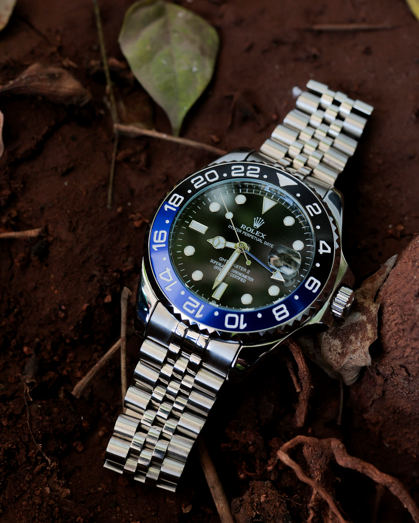 Midnight Voyager GMT Watch – Black Dial & Blue Dual-Time Bezel Stainless Steel Edition