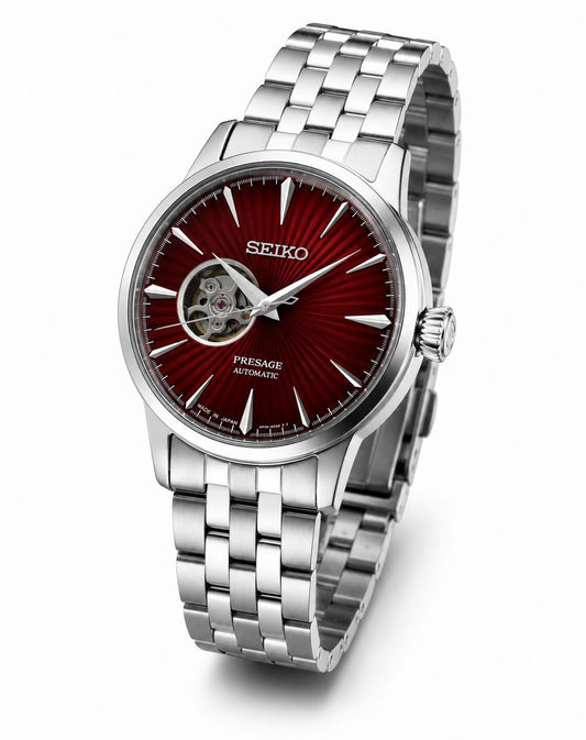 Silver Stainless Steel Automatic Watch with Deep Red Open-Heart Dial