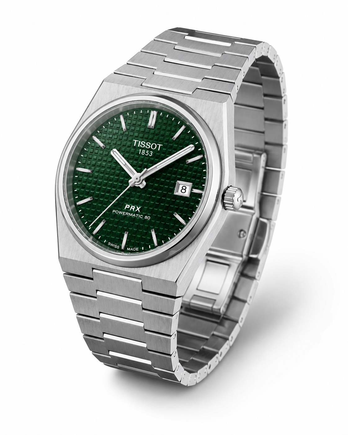 Emerald Green Textured Dial Watch – Stainless Steel Luxury Integrated Bracelet Timepiece