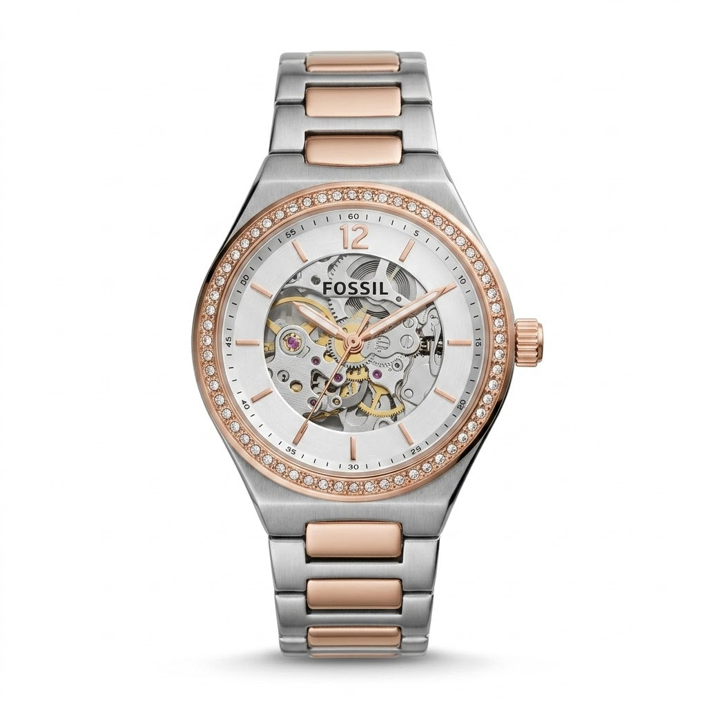 Women's Automatic Skeleton Watch – Two-Tone Rose Gold & Silver Crystal Bezel Timepiece