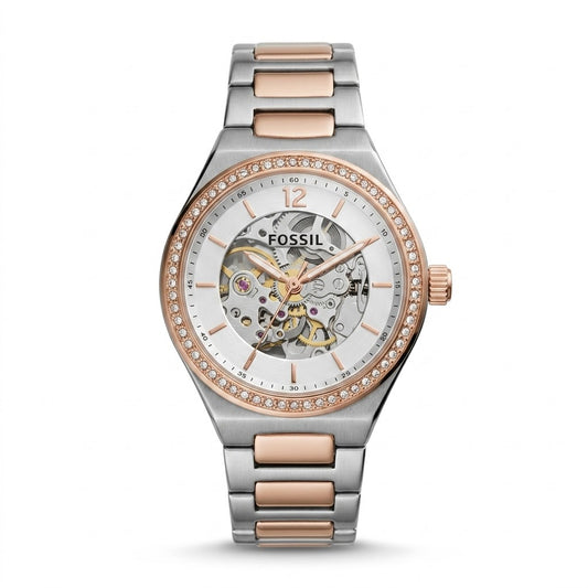 Women's Automatic Skeleton Watch – Two-Tone Rose Gold & Silver Crystal Bezel Timepiece