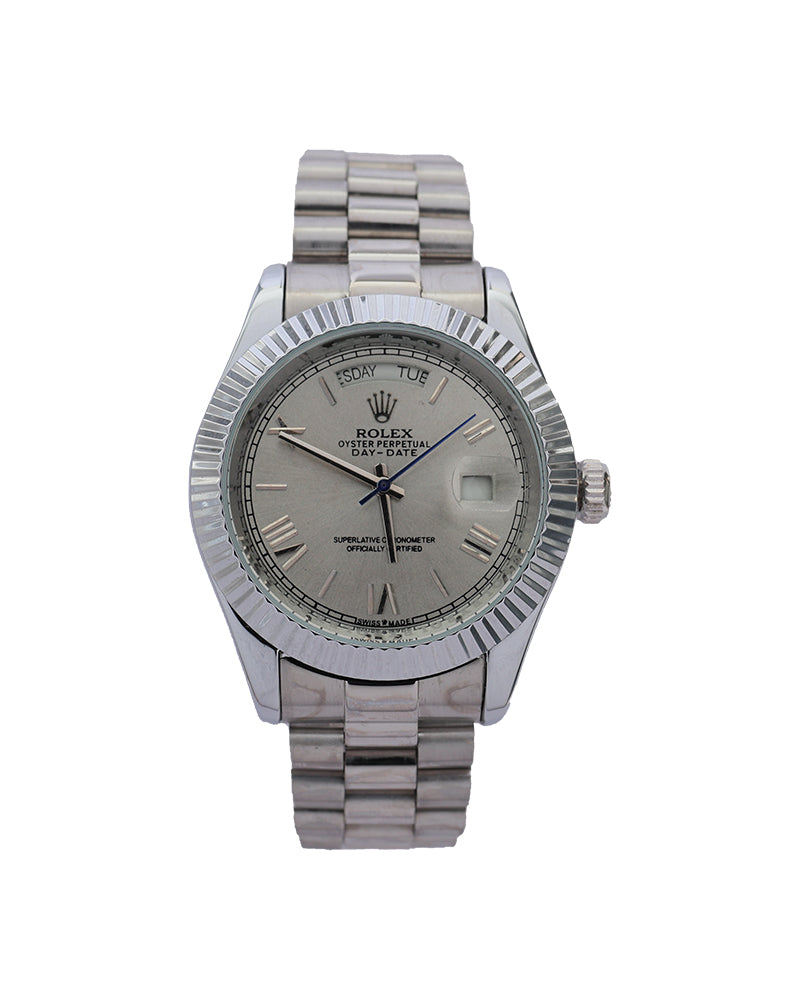 Silver Sovereign Day-Date Watch – Ice Silver Dial & Fluted Bezel Stainless Steel Edition