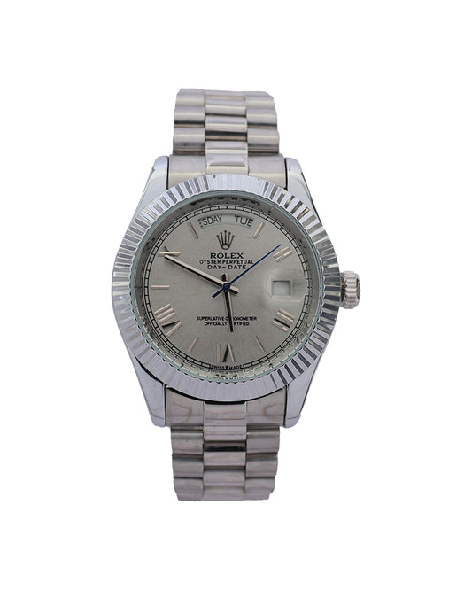 Silver Sovereign Day-Date Watch – Ice Silver Dial & Fluted Bezel Stainless Steel Edition