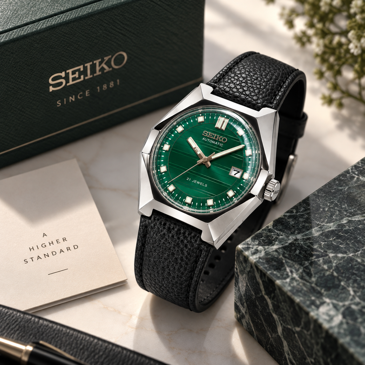Seiko Green Dial Automatic Stainless Steel Leather Watch