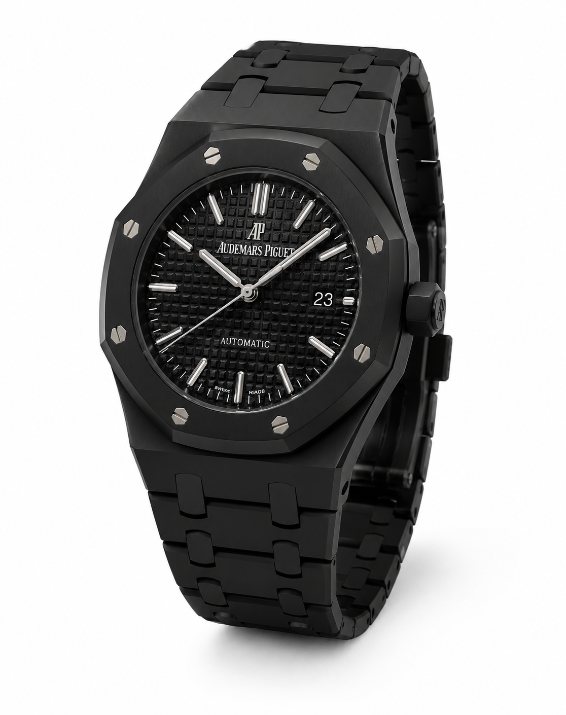 Obsidian Royale Automatic Watch – All-Black Waffle Dial & Integrated Bracelet Edition