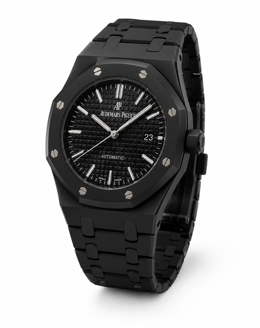 Obsidian Royale Automatic Watch – All-Black Waffle Dial & Integrated Bracelet Edition
