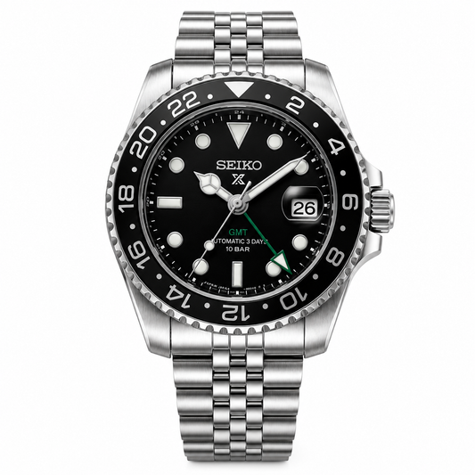 Stainless Steel GMT Style  Bracelet Watch with Black Dial