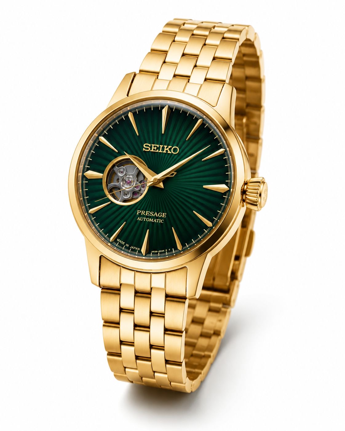 Gold Stainless Steel Automatic Watch with Emerald Green Open-Heart Dial