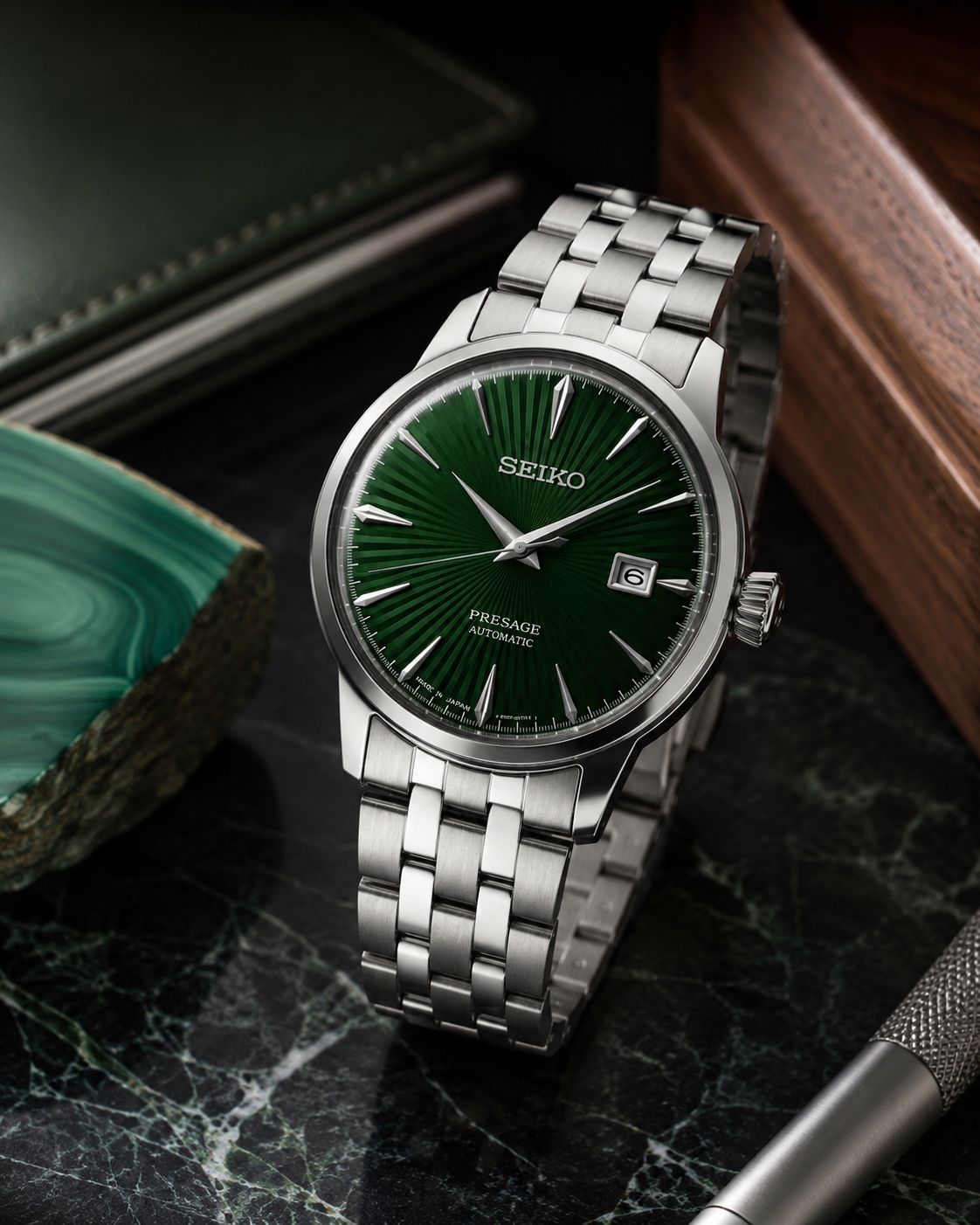 Silver Stainless Steel Automatic Watch with Emerald Green Sunburst Dial