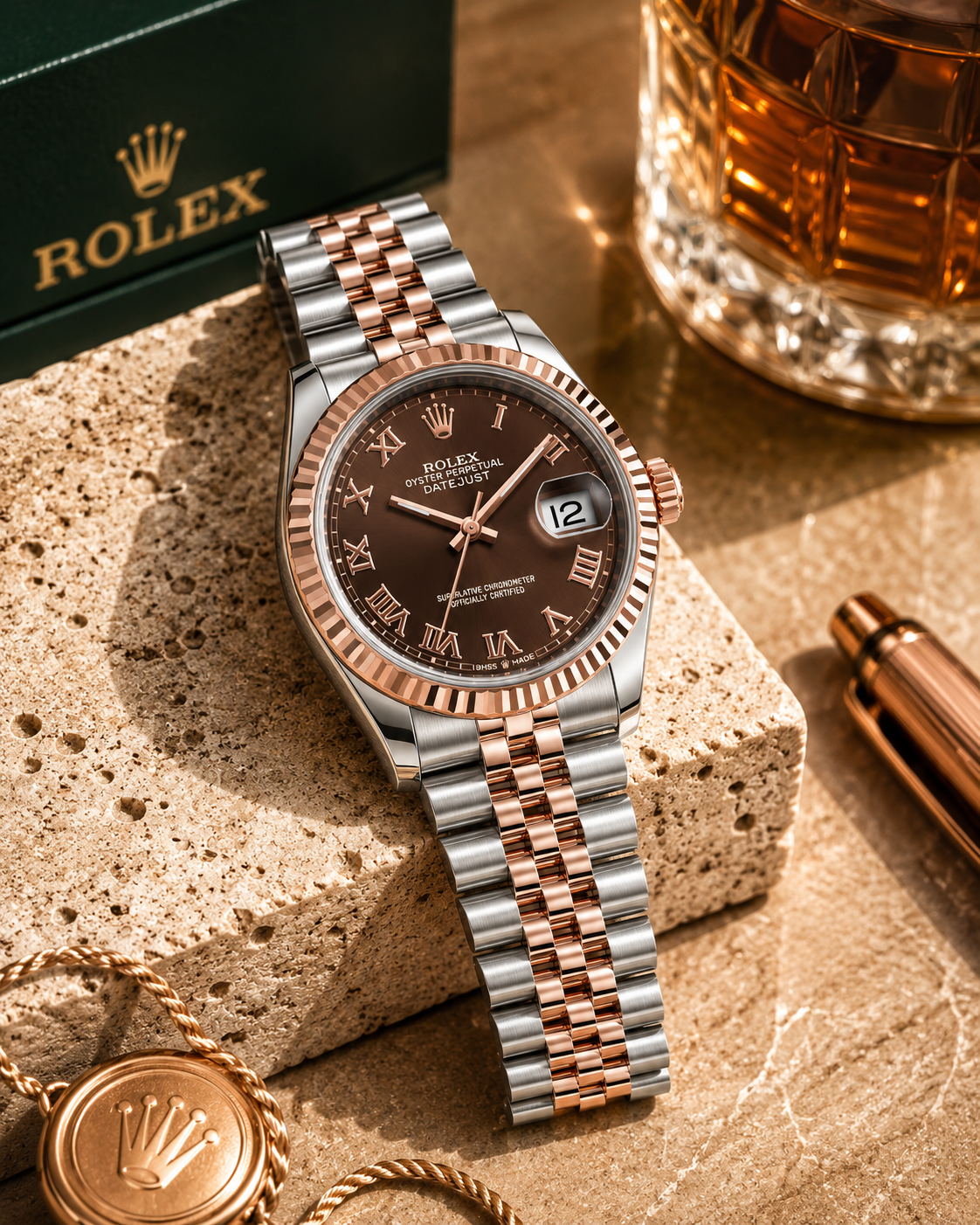 Rose Gold & Silver Two-Tone Luxury Date Watch with Chocolate Brown Dial