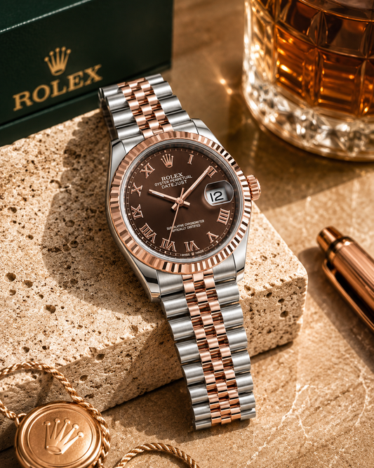 Rose Gold & Silver Two-Tone Luxury Date Watch with Chocolate Brown Dial