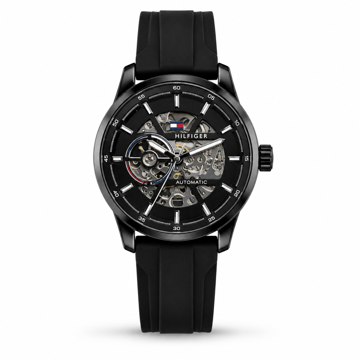 Automatic Skeleton Watch – Black Stainless Steel & Silicone Strap